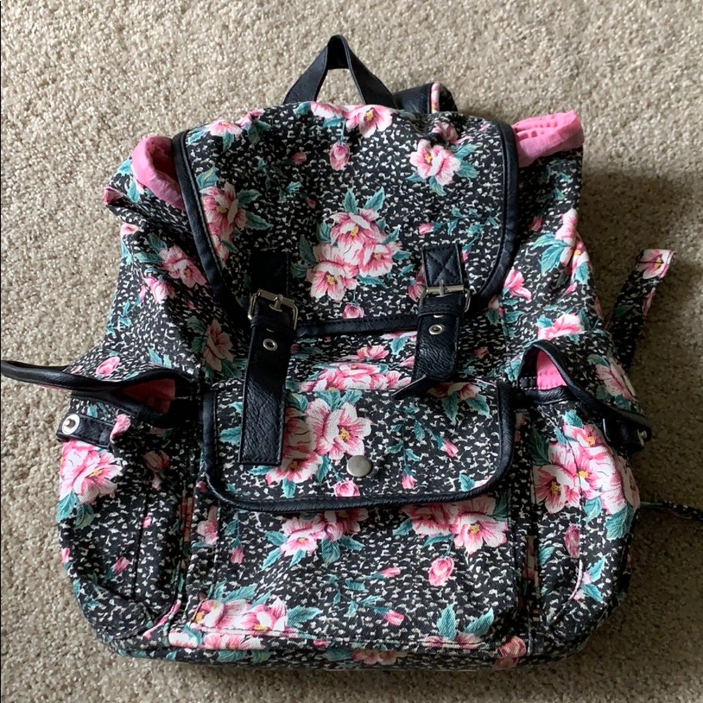 Black and pink floral backpack